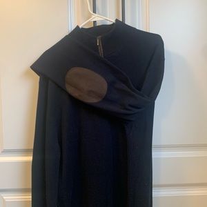 Navy blue sweater with brown suede elbow patches